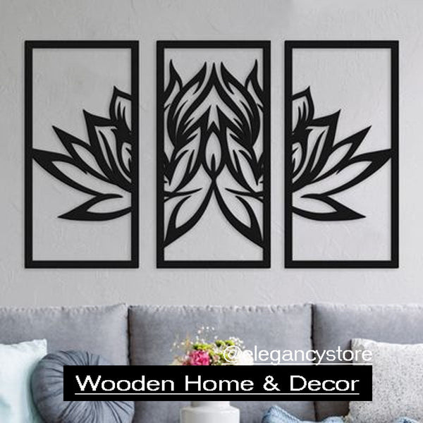 Wooden Lotus Flower 3pcs Wall Art